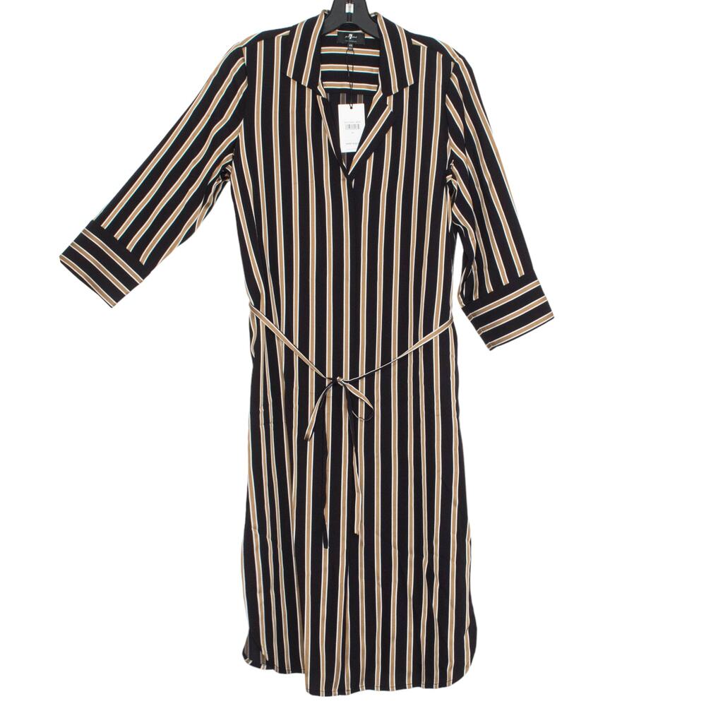 NWT 7 For All Mankind Shirt Dress 3/4 Sleeve Quiet Luxury Button Midi Stripe XS